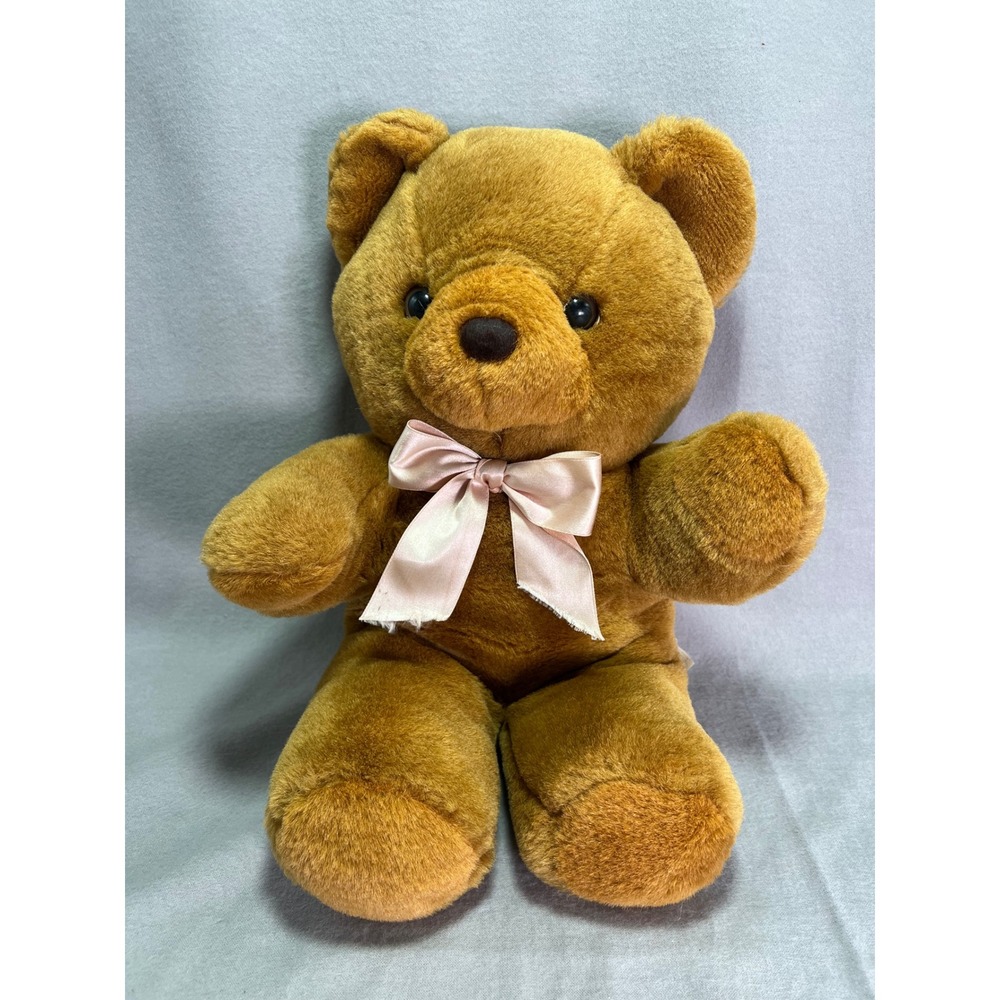 Vintage Cuddle Wit Brown Teddy Bear Plush 13" Sitting Pink Satin Bow 1990s